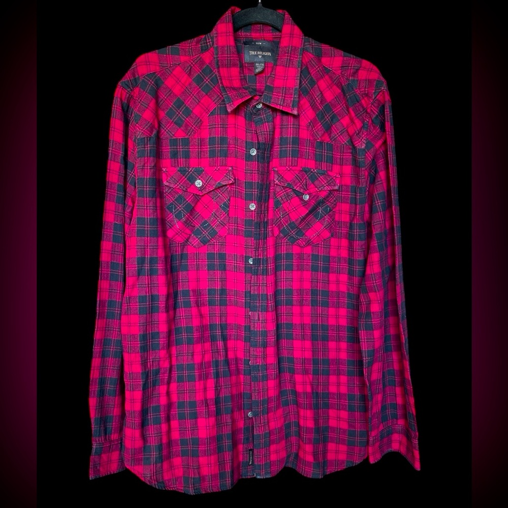 True Religion Red and Black Plaid Size 2XL Slim Long Sleeve Button Down Shirt